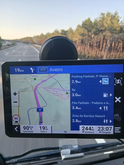 This is a close-up, eye-level, forward-facing shot of a Garmin GPS device mounted on the dashboard of a vehicle, likely a truck due to the "90" speed limit sign with a truck symbol. The GPS displays a map of the road network, indicating the current location and upcoming points of interest. The route shown on the GPS is on the A17, heading towards Aveiro. A specific point of interest, "Fanhais", is marked with a green circle on the map. The GPS screen also lists several upcoming points of interest: "Parking Fanhais, P-Nazaré..." at 2.9km, "Bp" (likely a gas station) at 3.0km, "Pão Fanhais - Padaria e A..." (bread shop and more) at 3.4km, and "Área de Serviço Nazaré" (Nazaré Service Area) at 2.8km. The vehicle's current speed is displayed as 90 km/h, and the distance to the next turn is 19 km. The estimated time of arrival is 23:07, with 244 km remaining. The scene is set during daylight, with the sun casting a warm glow through the windshield, illuminating the GPS screen. The background outside the vehicle shows a road winding through a forested area, characteristic of Portugal. The GPS device itself is black, with a touchscreen interface. The overall impression is of a driver navigating a journey.