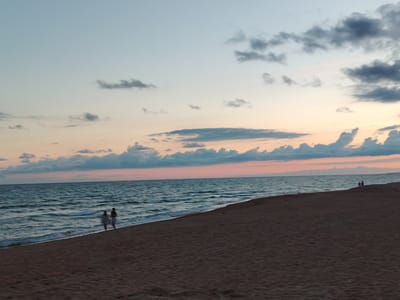 A wide shot shows a beach and the sea at dusk in Blagoveshchenskaya, Russia. The sky is a gradient of pale blue at the top, fading to a soft peach and then a dusky pink near the horizon, with scattered gray clouds. The sea is a deep blue with gentle waves lapping at the shore. The beach is made of sand, with a gently sloping embankment on the right. Two small figures, appearing to be people, are walking along the water's edge. In the distance, another small figure can be seen on the embankment. The overall scene evokes a calm and serene atmosphere.