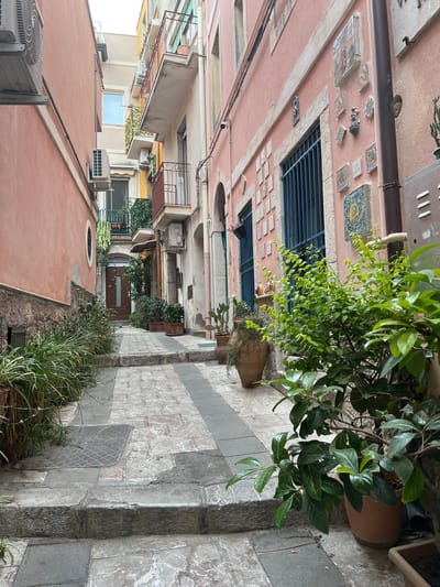 The image depicts a narrow cobblestone alleyway in the historic town of Taormina, Italy. The buildings lining the alley are painted in soft, pastel colors, predominantly pink and yellow, with balconies adorned with wrought-iron railings. Several potted plants, including a large bush with glossy green leaves in the foreground, are placed along the pathway, adding a touch of vibrant life to the scene. Air conditioning units are visible on the walls of some buildings, indicating modern amenities within the historic architecture. Decorative ceramic tiles are mounted on the pink wall of the building on the right, adding an artistic element. The alleyway has a slight incline, with stone steps leading upwards towards a wooden door at the end of the path. The overall atmosphere is quiet and quaint, characteristic of the charming side streets of Taormina.