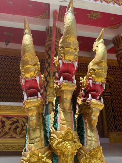 The image shows a close-up view of three ornate, golden dragon heads with red mouths and white fangs, emerging from a structure. The dragon heads are detailed with visible teeth and tongues, and they are positioned in the foreground. Behind the dragon heads, a temple-like building is visible with a red, gold-accented ceiling adorned with decorative patterns. The architectural style suggests a Southeast Asian Buddhist temple. The background also features ornate golden carvings and a patterned wall, typical of temple decorations. The lighting indicates it is daytime. This scene is located at Baan Tha Po, Thailand, likely depicting decorative elements of a temple or religious site.