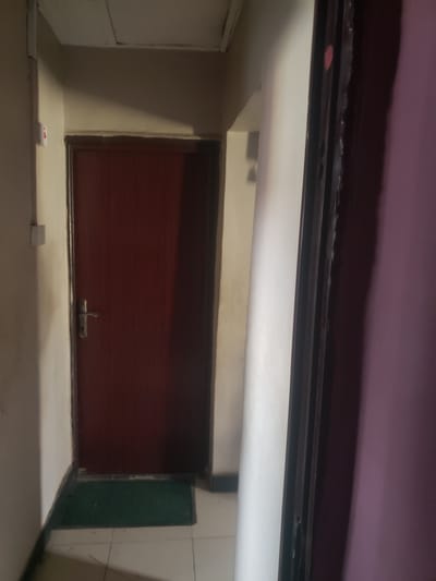The image depicts a narrow interior hallway with a closed, dark red wooden door on the left. The door has a silver-colored handle and lock. A green doormat is placed on the tiled floor in front of the door. The walls of the hallway are painted a light color. On the left wall, near the top, is a white electrical outlet with a red indicator light. To the right of the hallway, a dark-framed structure, possibly a doorway or a large mirror, is visible, with a section of a purple curtain or wall on its right. The lighting suggests an indoor environment with artificial light sources. The scene is devoid of any people or immediate activity. The location is Iganmu, Nigeria.