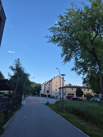 The image captures a street scene in Landshut, Germany, likely during daylight hours under a clear blue sky with a few wispy clouds. The perspective is from a paved walkway bordering a grassy area and a street.
In the foreground, a paved walkway runs diagonally from the bottom left towards the center of the image. To the left of the walkway is a black metal fence enclosing a grassy area with some bushes. Beyond the fence, a dark, modern building with a dark roof is partially visible on the far left.
The street itself is visible in the mid-ground, with traffic signs and streetlights. Several cars are parked along the street and on the side. A yellow car is visible further down the street. On the sidewalk, two individuals are walking away from the camera.
Dominating the background are multi-story buildings, appearing to be apartments or commercial spaces. These buildings have a light-colored facade, with windows and some visible architectural details like tiled roofs. A tall, leafy tree with green foliage is prominent on the right side of the image, its branches extending into the upper right corner. Another tall, slender tree stands to the left of the street. The overall environment suggests a residential or mixed-use urban area.