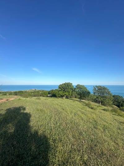 The image shows a view from a grassy hillside in Emona, Bulgaria, overlooking the Black Sea. The sky is clear and blue, and the water is a lighter shade of blue. There are some trees on the hillside, and shadows cast onto the grass. The camera is tilted to the side.
