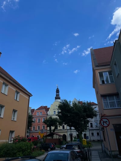 The image depicts an outdoor scene in Bolesławiec, Poland, under a clear blue sky with scattered white clouds. The perspective is from a low angle, looking upwards towards buildings and the sky. The buildings are multi-story and appear to be residential or commercial, with various architectural styles and colors, including shades of peach, pink, and light gray. Some buildings have red tile roofs. A prominent dark green tree with dense foliage is visible. A church steeple with a dark spire and a golden finial rises above the rooftops. A street with parked cars, including a dark SUV and a blue vehicle, is present. Traffic signs are visible, one of which is a circular red and white sign with a red diagonal bar and an arrow indicating a prohibited turn. Another yellow triangular sign with a number "80" is also visible. The scene suggests a daytime setting, likely late afternoon given the angle of the light. The overall impression is of a European town with historical architecture. There is no discernible activity or people in the frame. Text visible on a sign reads "ul. Waryńskiego 61/62".