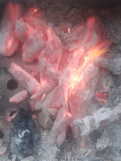The image depicts a close-up view of glowing embers and ashes from a fire. The subjects are the remnants of burned material, primarily charcoal and wood, covered in a layer of white ash. Several pieces of charcoal are red-hot, emitting a bright orange and yellow glow from within, suggesting an ongoing combustion process or recently extinguished embers. The overall scene is one of dying fire, with some areas still actively glowing and others cooled to a dull grey.
The activity taking place is implied to be the process of burning or the aftermath of a fire. The setting appears to be outdoors, likely in a barbecue or a hearth, given the nature of the material. There are no people visible in the image. Notable details include the texture of the ash, which appears powdery and flaky, contrasting with the rougher texture of the charcoal pieces. The lighting is dominated by the intense glow of the embers, casting a warm light on the surrounding ashes.
There are no visible text elements in the image. Given the location context of Kyzylorda, Kazakhstan, one could infer this might be related to traditional heating methods or outdoor cooking, though the image itself does not provide definitive clues about the specific purpose or context of the fire. The time of day and weather are not discernible from the image. The overall impression is one of heat, decay, and the raw elements of fire.