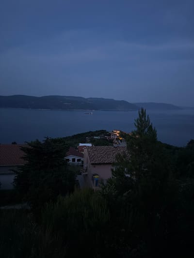 The image depicts a twilight scene overlooking a coastal area, likely in the vicinity of Zagorje, Croatia, given the provided hint. In the foreground, the tops of several houses with terracotta roofs are visible, partially obscured by dark green foliage. A tall evergreen tree stands prominently in the mid-right of the frame. Beyond the houses, a wide expanse of dark blue water stretches towards a distant, hazy coastline marked by low hills. A solitary cargo ship is visible on the water in the middle distance. The sky is a deep, muted blue, with faint cloud formations. The overall impression is one of a tranquil evening in a coastal settlement.