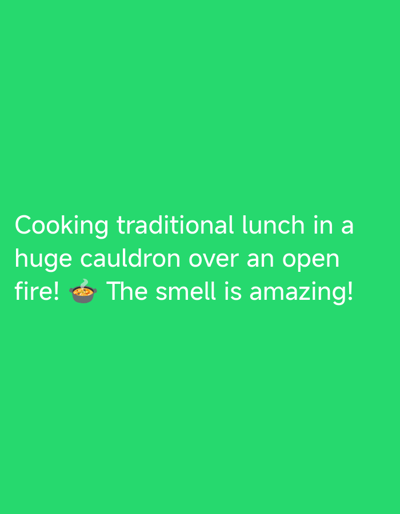 The image is a green screen with white text overlay that reads: "Cooking traditional lunch in a huge cauldron over an open fire! 🍲 The smell is amazing!". There is no indication of Korumdu, Kyrgyzstan, or any people, subjects, or objects beyond the text and emoji.