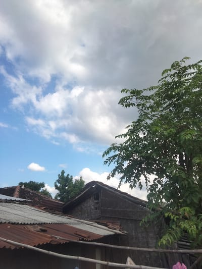 A low-angle, medium shot captures a view of rooftops and a tree against a partially cloudy sky. The foreground features several layers of weathered corrugated metal roofing, some showing significant rust and age. Behind the metal roofs, a building constructed with woven bamboo walls and a dilapidated thatched roof is visible. The top of the image is dominated by the sky, which transitions from a bright blue with scattered white clouds on the left to heavier, darker gray clouds on the right. A dense, green tree with many leaves occupies the right side of the frame, its branches extending across the upper portion of the image. The scene suggests an outdoor environment, possibly in a rural or semi-urban area of Kedung Dowo, Indonesia, given the architectural style and roofing materials. No people or specific actions are depicted.
