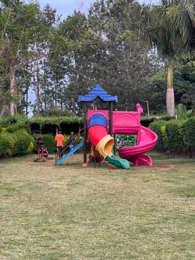 This image captures an outdoor children's playground set in a lush, green environment, characteristic of Makuyu, Kenya. The ground is covered with well-maintained green grass, and the area is bordered by dense trees, including a tall palm tree on the left, and manicured green hedges.
The focal point is a vibrant, multi-component playground structure. It features a large pink main platform, a distinct blue roof element shaped like the letter "K", and various slides including a red and blue enclosed tube slide, and a yellow open slide with a green base. A green climbing net is integrated into the structure, which is accessed via blue stairs. Adjacent to this, another bright pink play element, resembling a boat or whale, offers further recreation. In the distance, a red seesaw or merry-go-round is partially visible.
Two individuals are present: one person in a bright orange t-shirt stands on the grass near the blue stairs, while another, partially obscured, is on the stairs wearing a light-colored top. The scene depicts a tranquil daytime setting, with soft, natural light suggesting either late morning or afternoon on a clear or partly cloudy day, perfect for outdoor play and leisure.