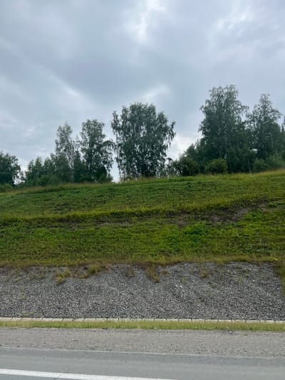 The image depicts a cloudy sky above a grassy embankment lined with trees. The embankment slopes down towards a gravel area, which is bordered by a concrete curb and then a paved road with a white line. The scene appears to be a roadside view in the city of Polet-2, Russia.