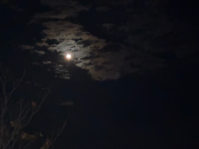 A night scene shows a full moon, partially obscured by clouds, in Γερακινή, Greece. The lower left corner of the image shows bare tree branches. The rest of the frame is dark sky and clouds.