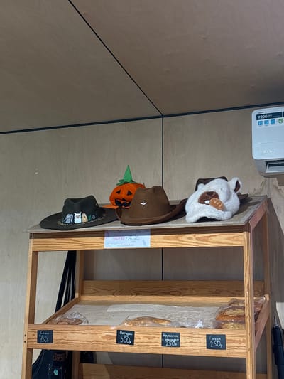 This image depicts a wooden shelf unit, likely in a retail setting, displaying hats and baked goods. On the top shelf, there are three hats: a dark hat decorated with cartoon animals, a brown cowboy hat with a star emblem, and a white fluffy hat resembling a bear or dog, also placed on a brown cowboy hat. A decorative jack-o'-lantern is positioned behind the hats. A price tag is visible on the shelf, but the text is not fully legible. The lower shelves display various baked items, some in plastic packaging, with price tags in Russian currency. One tag reads "круассан с шоколадом 250р" (croissant with chocolate 250 rubles), another "пицца 250р" (pizza 250 rubles), and another "ветчина-сыр 300р" (ham-cheese 300 rubles), and "сальсо курица 150р" (salsa chicken 150 rubles). The background consists of a light-colored, wood-paneled wall, and a white air conditioning unit is mounted on the upper right side. The overall scene suggests a small shop or market stall, possibly a bakery or gift shop, located in Tavrichanka, Russia.