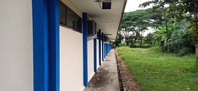 The media file depicts an outdoor scene featuring a white building with vibrant blue trim, likely a school or institutional building, situated in Tambontunong, Indonesia. The building's exterior is characterized by a covered walkway or veranda running along its length, supported by regularly spaced blue pillars. Several air conditioning units are mounted on the exterior wall beneath a row of windows with wooden frames.
The walkway is bordered by a concrete path on one side and a lush, green grassy area on the other. Beyond the grass, a dense collection of tropical trees and vegetation, including what appear to be banana trees and palm fronds, create a verdant backdrop. The scene suggests a bright, possibly overcast day, given the diffused light. The overall impression is one of a quiet, possibly educational, environment surrounded by abundant nature. There is no visible text in the media file.