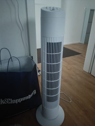 A tall, white, modern tower fan stands in the foreground of this indoor scene. The fan has a slatted grille design and a circular base, with a power cord visible trailing on the floor. To the left of the fan is a large, dark blue shopping bag with two thin, dark handles. The bag has white text on it that partially reads "ek&Cloppenburg" and "germers.com". The fan and bag are placed on a light brown wooden floor. In the background, a dark rug is visible, and a white wall with a doorframe can be seen. The lighting suggests it is daytime. The scene appears to be a domestic setting within Germersheim, Germany. No people are present.