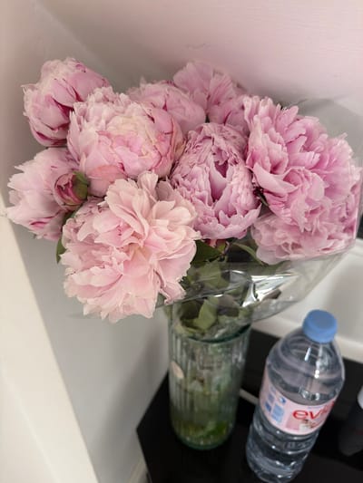 A close-up, high-angle shot shows a bouquet of pale pink peonies in a clear glass vase. The flowers are lush and full, with many ruffled petals. Some petals have darker pink streaks. The vase is tall and ribbed, and it sits on a dark surface. To the right of the vase is a clear plastic bottle of Evian water with a blue cap. The background is a light-colored wall with a shadow cast on it, suggesting indoor lighting. The scene appears to be on a table or shelf, possibly in a home or hotel room in Mid Devon, United Kingdom.