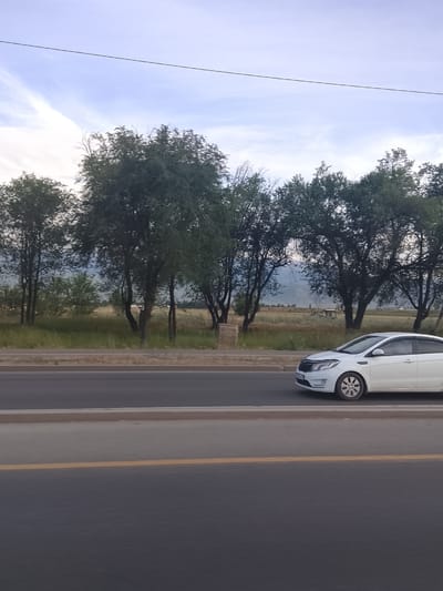The image captures a roadside scene with a white sedan driving on a paved road. The car is positioned in the right half of the frame, moving from left to right. Beyond the road, a grassy area with scattered trees lines the landscape. In the background, rolling hills or mountains are visible, shrouded in a light haze, suggesting a distant view. The sky above is partly cloudy, with streaks of white clouds against a pale blue. A thin dark line, likely a power line, stretches horizontally across the upper portion of the image. The overall lighting and sky conditions suggest it is daytime, possibly late afternoon or early evening, with diffused sunlight. The setting appears to be rural or semi-rural, consistent with the location context of Іргелі ауылдық округі, Kazakhstan, implying a landscape with open spaces and natural elements. There are no people visible in the image, and no visible text.