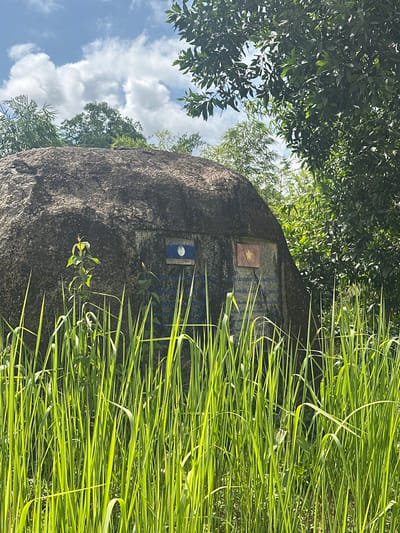 A large, dark gray boulder stands in a grassy field under a cloudy sky. The boulder has two flags and an inscription carved into its surface. The flag on the left is blue with a white circle in the center. The flag on the right is red with a yellow star. The inscription below the flags is in an Asian language. Tall, green grass grows in front of the boulder, partially obscuring its base. Trees and foliage are visible behind the boulder and to its right, with more trees forming a canopy overhead. The image appears to be taken outdoors in a natural setting. The boulder's placement and markings suggest it may be a monument or boundary marker, possibly at a border crossing or a significant historical site within Xayden, Laos.