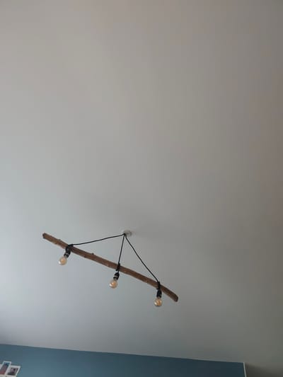 The image shows a rustic chandelier with three Edison-style light bulbs hanging from a natural wood branch. The branch is suspended from a white ceiling by black wires. The light bulbs are lit, casting a warm glow. Below the chandelier, a blue wall is visible, adorned with a few framed pictures. The overall impression is one of a home interior, likely a living room or dining area, with a charming and natural aesthetic. The image is taken from a low angle, looking up towards the ceiling. There is no discernible text in the image.