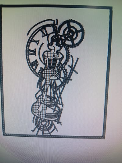 The image shows a black and white line drawing of a mechanical clock face with Roman numerals. Intertwined with the clock are various gears and what appears to be a stylized figure or structure made of intersecting lines and checkered patterns. The drawing is centered within a rectangular frame. There is no information in the image that suggests a location in Rumuepirikom, Nigeria, or any details about people, actions, or interactions.