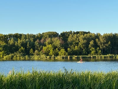The image depicts a serene lake scene with a lush green treeline in the background. In the foreground, tall green grass lines the edge of the water, framing the view. The lake itself is calm, reflecting the clear blue sky. On the water, a small white boat with two individuals wearing orange life vests is visible, suggesting leisurely activity. The overall atmosphere is peaceful and natural, indicative of a park or recreational area within the city of Solnechnogorsk, Russia, likely during daylight hours with good weather conditions.
