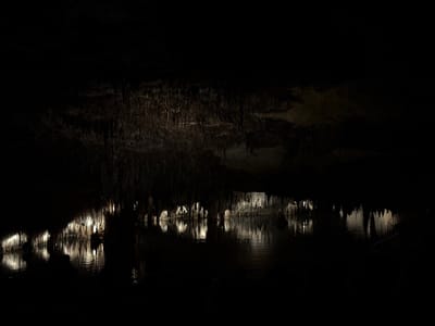 This is a photograph of the inside of the Caves of Drach, Manacor, Spain. The caves contain a large underground lake. Light illuminates numerous stalactites hanging from the cave ceiling. The reflections of these stalactites can be seen in the water. A set of stairs leading to the edge of the water are visible on the right side of the frame. The rest of the scene is very dark.