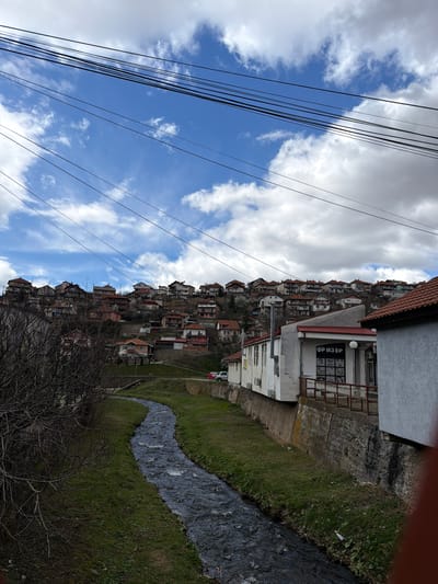 The image shows the city of Kriva Palanka, North Macedonia, situated on a hillside. Rows of houses with red tile roofs ascend the slope, densely packed together. A stream flows along the right side of the frame, its course winding through patches of grass and concrete. Power lines stretch across the blue sky filled with white clouds on the left. A building is located to the right, with a sign written in Cyrillic script visible on its facade. Bare branches of a tree occupy the lower portion of the image.