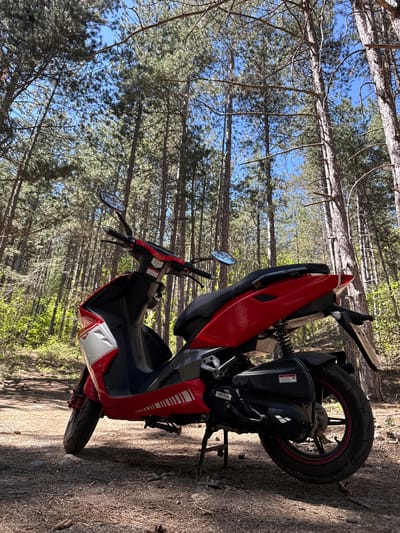 A red and black scooter is parked on a dirt path in a forest. The scooter is facing to the right of the frame, and its kickstand is down. The scooter has a rear license plate and a side mirror visible. The forest is made up of tall, thin trees with green foliage and a blue sky is visible through the trees. The location is Boboshevo, Bulgaria.
