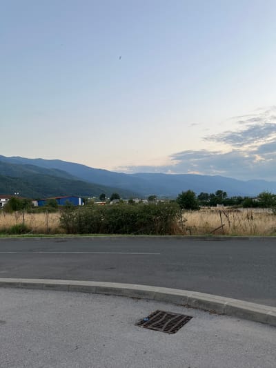 The image depicts a serene, rural landscape that is situated on the outskirts of Petrich, Bulgaria. In the foreground, a paved road curves to the left, bordered by a concrete curb. A metal grate, likely a storm drain, is visible on the asphalt. Beyond the road, a dry, grassy field stretches towards a dense line of green bushes and trees. In the midground, a distinctive blue building with a red roof stands out amidst scattered trees and structures. Further in the distance, a range of majestic, forested mountains dominates the horizon under a pale blue sky. The sky is adorned with a few scattered clouds and a couple of birds in flight. The overall impression is one of tranquil rural life with natural beauty.
