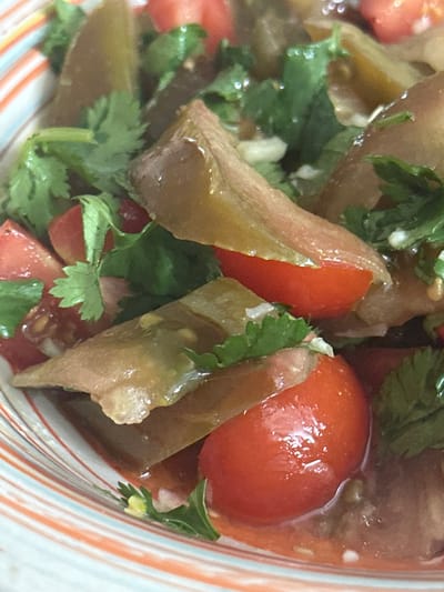 A close-up, high-angle shot captures a dish featuring a mix of vibrant food ingredients. The primary subjects are small, whole, or halved red tomatoes, likely cherry tomatoes, which appear glossy and plump. These are interspersed with elongated, wedge-shaped pieces of a greenish-brown vegetable, possibly green tomatoes or another pickled vegetable. Fresh, chopped green herbs, resembling cilantro or parsley, are generously mixed throughout the dish, adding specks of verdant color. All ingredients are coated in a clear, glistening liquid or dressing, indicating a moist texture. The food is served in a bowl, the edge of which is visible, showing a striped pattern with lines of white, orange, and reddish-brown. The image focuses exclusively on the food, with no people or discernible activities. There is no visible text, and no specific location or time of day can be determined from the visual cues.