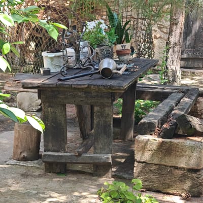 The image presents an outdoor scene, likely a garden or cultivation area, situated in what is identified as the Ostanynske rural settlement, Ukraine. No individuals are depicted.
The central feature is a robust, dark-colored wooden table, constructed from thick, weathered planks and beams, exhibiting a rustic appearance. Positioned on the table surface, from left to right, are several objects: a white plastic bucket containing dark soil or potting mix, followed by a small, dark, square pot also filled with soil. A prominent, ornate, dark metal object, possibly a candelabrum or decorative stand with multiple arms, is centrally placed. To its right, a silver-toned metal watering can or pitcher, with a light-colored wooden handle, rests on its side. Adjacent to the watering can is a dark metal grid or grate, upon which several small, light-colored spherical objects, consistent with nuts or pebbles, are scattered. Behind these items, an arrangement of potted plants is visible, including a pot with white flowering plants, a pot with a green leafy plant, a pot containing a Sansevieria (snake plant), and a small terracotta pot holding another small plant. Sections of woven netting or fishing net material are also draped amongst the items on the table.
The foreground consists of a textured ground surface, appearing as a mixture of dirt and concrete or stone, with patches of green foliage. To the left of the table, a cut tree trunk stands vertically, partially obscured by green leaves from an adjacent plant.
The background features a light-colored stone wall. A dark, irregular mesh or net structure is draped over a portion of this wall and extends towards the left. A large tree trunk, characterized by rough, textured bark, is positioned on the right side of the frame. Further to the right, a rustic wooden door or gate is partially visible. Beneath the table, additional weathered wooden beams and structures form its base and an accompanying bench. Two pinecones are visible on the ground, one in the bottom right corner and another near the base of a wooden beam on the right side of the table.