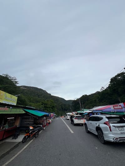 The image shows a street scene in Tambon Wang Prachan, Thailand, on an overcast day. The street is lined with small shops and stalls on both sides, with awnings in various colors. A road runs through the center, with several vehicles present.
On the left side of the road, there are shops with green and orange awnings. A motorcycle is parked in front of one of these shops. Signs in Thai are visible on the shop fronts.
On the right side of the road, there are more shops with colorful awnings, including red, purple, and green. Several cars are parked or driving on the right side of the road. The closest vehicle is a silver SUV, followed by a white SUV with its doors open, and a white van further down the street. The vehicles appear to be stopped or moving slowly, suggesting a market or roadside stop.
The background features a lush green mountainside covered in trees, with a cloudy sky overhead. The overall impression is of a busy roadside market located in a scenic, mountainous area.
