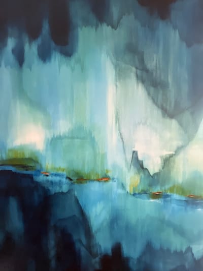 The image displays an abstract painting primarily composed of blues and greens. The composition is characterized by vertical brushstrokes and blended color fields, suggesting an ethereal or misty landscape, potentially a seascape. Darker blue hues dominate the upper and lower sections, transitioning into lighter blues, teals, and greens throughout the mid-ground. A prominent horizontal band of a darker blue-green is present in the lower-mid portion, punctuated by several small, elongated orange-brown forms. The artwork exhibits depth and atmospheric qualities without depicting any discernible figures, concrete objects, or specific geographical features. As an abstract painting, it does not visually represent an identifiable physical location within the city of Rancho Palos Verdes, United States.