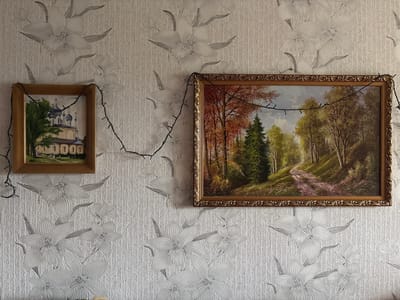 The image depicts a wall adorned with floral-patterned wallpaper and two framed paintings. A string of black Christmas lights is draped between the paintings.

The painting on the left is smaller and features a light-colored building with blue domes and crosses, reminiscent of a church, set against a backdrop of green trees. The painting is enclosed in a simple wooden frame.

The painting on the right is larger and displays a scenic landscape of a dirt path winding through a forest with trees exhibiting autumn foliage in shades of orange and red, interspersed with evergreen trees. This painting is housed in an ornate gold-colored frame.

The wallpaper has a textured, light-colored background with a repeating pattern of stylized white flowers. The overall impression is that of an indoor setting, likely a residential interior. The location in the city of Tutaev, Russia, is not visually indicated in the image itself.