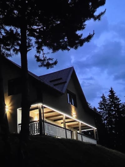 The image depicts a dark, twilight scene of a modern house situated on a grassy incline. The house features a dark metal roof and a covered porch area, illuminated by a string of white lights. The porch has a white railing. A large, dark tree trunk is prominently positioned in the foreground to the left of the house, its branches silhouetted against a cloudy blue sky. Pine trees are visible in the background to the right. The scene is dark, suggesting it is either early morning or evening. The location is not specified in the image itself and there is no indication of the city of Dubno, Ukraine.