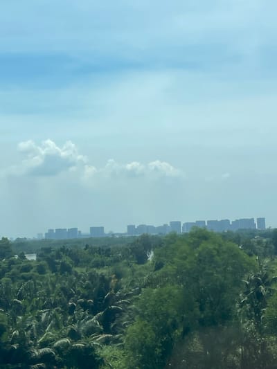 The image displays a panoramic view of a cityscape in Dong Nai City, Vietnam, characterized by a lush, green foreground and a distant urban skyline under a bright, hazy sky. In the immediate foreground, dense tropical foliage, including palm trees and other lush vegetation, dominates the lower half of the frame, suggesting a tropical climate. Beyond this verdant expanse, a body of water, possibly a river or lake, is visible, reflecting the sky. Further in the distance, a series of modern, high-rise buildings form a distinct urban silhouette against the hazy horizon. These structures are silhouetted and appear somewhat muted due to atmospheric conditions, but their uniformity suggests a planned development or an area with similar architectural styles. The sky is a pale blue, with scattered, wispy clouds, contributing to the overall bright but somewhat diffused lighting of the scene. The image captures a transition zone between nature and urban development, a common characteristic of growing cities in Southeast Asia.