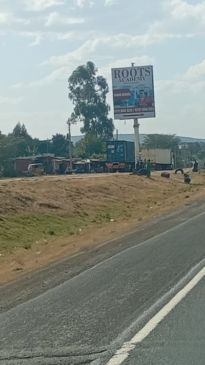 A roadside view features a large "Roots Academy" sign with school imagery and contact information. Beyond it, a cluster of modest buildings is visible, alongside shipping containers on trailers. Several people stand near the containers amidst scattered tires. The foreground shows a stretch of asphalt highway marked with a white dividing line. A grassy embankment separates the road from the scene behind. The sky is partly cloudy.