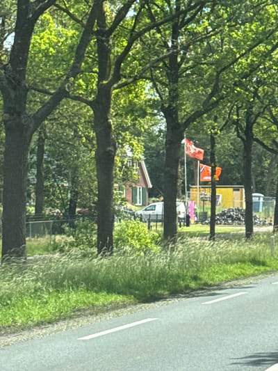 The image depicts a roadside scene in Wierden, Netherlands. In the background, behind a row of mature trees lining the road, a red-brick house with white trim is visible. Adjacent to the house are temporary structures, including a yellow portable building and a blue portable toilet. Two flags are displayed on poles in front of these structures: a red and white flag, and a solid orange flag. A white van is parked near the house. The foreground shows a paved road with white lane markings and a grassy verge with tall grass. The overall scene suggests a rural or semi-rural setting with some construction or event-related activity.