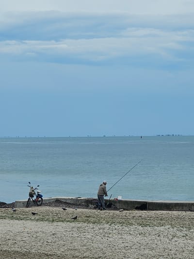 A lone fisherman stands on a concrete embankment beside a body of water, casting a fishing rod. To his left, a bicycle with a basket is parked. Several pigeons are scattered on the sandy ground in the foreground. The scene is set against a backdrop of a calm, blue sea meeting a hazy sky with distant, indistinct objects on the horizon. The lighting suggests an overcast day. The location is identified as Skadovsk, Ukraine.