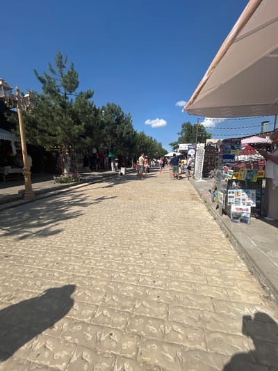 The image shows a paved walkway lined with market stalls and trees under a clear blue sky. Several people are walking along the path, browsing the merchandise. On the right side of the walkway, there are market stalls displaying various items, including what appear to be postcards and souvenirs. A large umbrella shades a portion of the stalls. On the left side, more stalls are visible, along with pine trees and a lamppost. The walkway is made of light-colored interlocking pavers, and shadows from the trees and people are cast across it. The overall scene depicts a lively outdoor market, likely in a tourist area. The location is identified as Vityazevo, Russia.