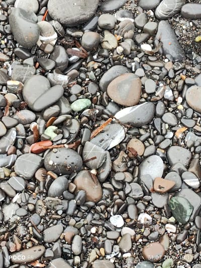 The image shows a close-up, overhead view of a collection of pebbles and small stones on a beach. The stones are of various sizes, shapes, and colors, predominantly grey, brown, and some with white striations. There are also specks of black sand interspersed among the pebbles. A few pieces of dried seaweed or plant debris are visible. The lower left corner of the image has the text "POCO F5" and the lower right corner has the text "31.07.2026 18:17". The scene is likely a natural environment, such as a beach in Camogli, Italy, given the context of the request. There are no people or visible actions depicted in the image.