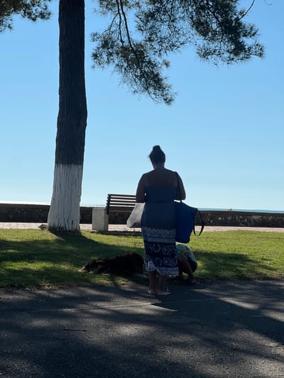 In Ochamchire, Abkhazia, a woman stands facing away from the camera on a paved path, holding a blue tote bag and a white plastic bag. She is wearing a dark, patterned dress. Beside her, a person, possibly a child, is crouched down. To the left, a large tree with a white-painted base stands in a grassy area. A dark-colored dog lies on the grass near the tree. In the background, a wooden bench is visible next to a stone planter, with a stone wall and the sea beyond. The sky is clear and blue.