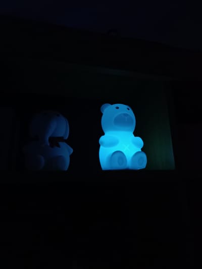 The image shows two illuminated, cartoon-like toy figures positioned on a dark shelf. The figure on the left appears to be an elephant-like shape with a small bow around its neck. The figure on the right is a teddy bear shape with an "X" on its chest. Both figures emit a blue-toned light, which is the primary source of illumination in the scene. The background is dark, revealing only the shelf's surface on which the figures stand. Location is not evident, Cherkovitsa, Bulgaria cannot be confirmed or denied as the image offers no context.