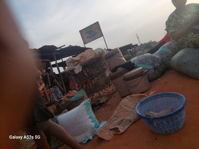 The image depicts an outdoor market scene, identified by a sign reading "WELCOME TO OROUKWU DAILY MARKET," situated in Awkuzu, Nigeria. The ground consists of reddish-brown earth under a hazy light blue-grey sky. In the immediate foreground, a light blue woven plastic basket containing a pale, irregularly shaped object rests next to a crumpled burlap sack. An out-of-focus human limb obscures the lower-left quadrant, displaying the text "Galaxy A52s 5G."
To the right, a person wearing a patterned green and yellow top is seated or kneeling, surrounded by large bundles of merchandise covered in light blue and white patterned fabric. Three tan, lidded cylindrical containers are stacked nearby, one with dark fabric draped over it. Adjacent to these, a metal cage structure, partially covered with white material, is present. Rustic market stalls with dark roofs and wooden supports are visible in the mid-ground. Under one stall, an individual in a black shirt and black and white patterned shorts is partially visible. The background shows distant low hills and a transmission tower against a pale sky.