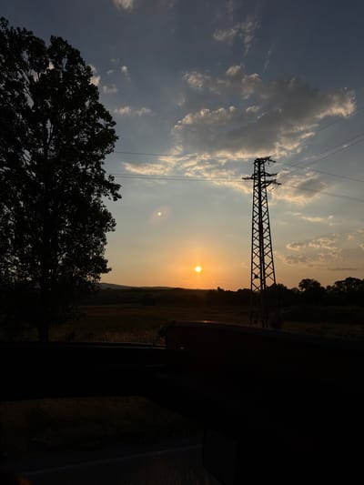 A silhouette of a large tree stands on the left side of the image against a sunset sky. In the mid-ground, a power pylon is visible, with power lines stretching across the frame. The sun is low on the horizon, casting a warm glow across the sky and landscape. The foreground is largely obscured by a dark silhouette, possibly a car interior or a roadside barrier, with the dark outline of a road visible at the bottom. The scene appears to be in a rural or semi-rural area, with fields and distant hills in the background. The location is identified as Bogdanovdol, Bulgaria.