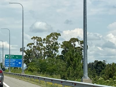 The image depicts a roadside scene in Kakucha, Georgia, on a cloudy day. A grey car is partially visible on the left, indicating movement along a paved road. Roadside infrastructure includes multiple grey streetlights with curved tops and a silver metal guardrail.

Prominently featured is a blue and green directional road sign. The green section, pointing straight ahead, indicates "Poti" with the number "34". The blue section, with white text and arrows, lists destinations and distances: "Ozurgheti" with an arrow pointing right and the number "21", and "Kobleti" with an arrow pointing right and the number "2". The text on the signs appears to be in Georgian and English.

Behind the road signs and guardrail, a dense arrangement of various green trees and foliage fills the mid-ground. In the background, a hazy sky with scattered clouds is visible, with distant power lines and more trees suggesting a rural or semi-rural setting. The overall impression is that of a typical highway view in Georgia.