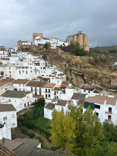 An elevated panoramic photograph captures the town of Setenil de las Bodegas, Spain, under an overcast sky. The scene is dominated by whitewashed buildings interspersed with natural rock formations.
In the upper background, atop a prominent rocky ridge, are a square, light brown stone castle tower (likely Torreón del Homenaje del Castillo) on the left, and a larger, light brown stone church with a central cupola (likely Iglesia de Nuestra Señora de la Encarnación) on the right. Both structures are surrounded by clusters of white residential buildings with terracotta roofs.
Below these elevated structures, a massive, rugged, tan-colored rock face descends through the midground, with numerous whitewashed houses built directly into its overhangs and crevices. These multi-story dwellings feature various windows, some with dark shutters, and small balconies with dark railings. The rock face itself shows horizontal stratification and supports sparse patches of dry, yellow-brown grass and occasional green shrubs.
In the lower midground, more densely packed white houses with mixed terracotta and darker tiled roofs line a winding street. A small, arched stone bridge spans a narrow, light brown stream or river, bordered by lush green vegetation. A small, dark red car is parked on a street near the bridge.
The immediate foreground is characterized by several dark-tiled rooftops on the left and a prominent cluster of deciduous trees with varying shades of green and yellow-green foliage on the right, partially obscuring lower structures and the stream below. No individuals are discernible within the frame.