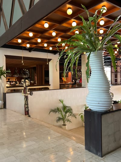 The photograph captures the interior of what appears to be a commercial space, potentially a hotel lobby or upscale restaurant, located in Petulu, Indonesia. The vantage point is from above, looking down into the space.
The scene includes a blend of modern design elements and local Indonesian cultural artifacts. A grid-like structure containing multiple round light fixtures is on the left. A large, white, corrugated vase or planter sits atop a dark, rectangular base, with greenery cascading from it. A smaller palm tree in a white pot is nearby.
In the lower center of the frame, a statue of a figure holding a tray is visible. Below, a glimpse into another area shows people seated at tables, suggesting a dining or waiting area. The flooring is composed of light-colored, rectangular tiles. The walls are primarily white.
The overall lighting is warm, casting light on the wooden elements and illuminating the space. The scene is unoccupied, suggesting it was taken during a quiet moment or before/after operating hours.