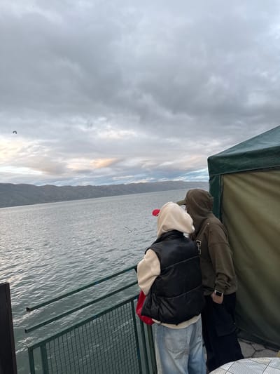 This media file presents two individuals, viewed from behind, standing on a boat or pier structure next to a large body of water, likely a lake. The scene is set under an overcast sky, with a range of mountains visible in the distant background.
One person is dressed in a dark olive green hooded sweatshirt and black trousers, wearing a white smartwatch on their left wrist. The second individual wears a beige hooded top layered under a black puffer vest, light blue jeans, and appears to have bright red shoes or an accessory visible near their feet. Both are positioned to look out over the expansive, rippling water.
The structure they are on includes a prominent green canopy or cover above and a metal railing or grate alongside them, suggesting a vantage point on a vessel or dock. The sky is predominantly gray with dense clouds, but a lighter strip of sky peeks through between the clouds and the distant mountains, indicating late afternoon or early evening. A small bird is captured in flight high in the sky, and another is visible closer to the water's surface. The vast lake bordered by mountains aligns with the provided location context of Tsamakaberd, Armenia, strongly suggesting Lake Sevan. The overall atmosphere appears calm and contemplative. No discernible text is visible in the image.