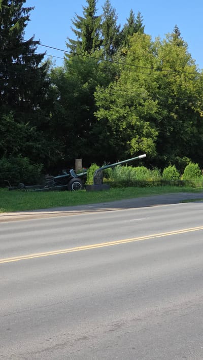 A long, dark green artillery piece is positioned on a grassy verge beside a paved road. The artillery piece is angled diagonally across the frame, with its barrel extending towards the right and slightly upwards. It has large, black-rimmed wheels with white hubs, and a visible towing mechanism at the rear. Behind the artillery piece, a low stone monument with inscriptions and some decorative red flowers is visible. The environment is dominated by a dense line of green trees and bushes, with a clear blue sky above. The road in the foreground has a double yellow line marking the center. The scene appears to be a memorial or display, possibly related to military history. No people are present.