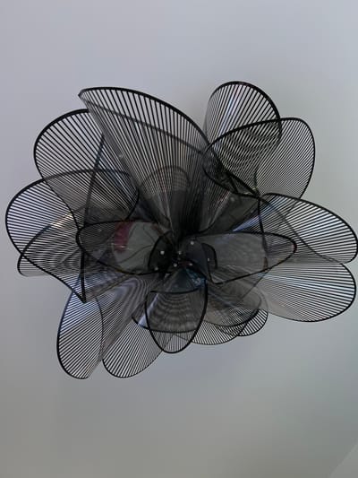 An elaborate, modern decorative light fixture or sculptural art piece hangs against a plain, light-colored ceiling. The object is composed of numerous thin, black, linear elements arranged in multiple layers, creating a complex, organic shape that resembles a blooming flower or an abstract starburst. These elements appear to be slender strips or fins, meticulously fanned out from a central point.

The outer layers consist of opaque black strips, while some inner layers are made of a translucent or reflective material, possibly acrylic or glass, which shows subtle iridescent or rainbow-like refractions when light passes through or reflects off them. Small, shiny, possibly metallic or crystal accents are visible around the central core of the fixture. The intricate arrangement of these components creates a sense of depth and a dynamic play of light and shadow.

The background is a uniform, pale gray or off-white surface, likely a ceiling, which provides a stark contrast and highlights the intricate dark design of the fixture. There is no observable activity, people, or visible text in the image. The scene is static and presents a detailed view of this elaborate indoor furnishing. While the context mentions Dubovka, Russia, no visual cues within the image confirm this location.